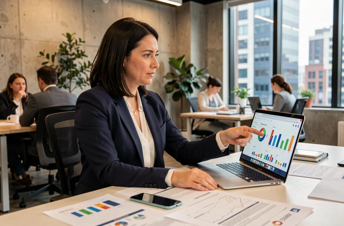 Responsable marketing d'une agence web analysant les données de visibilité digitale d'une entreprise sur un tableau de bord analytique