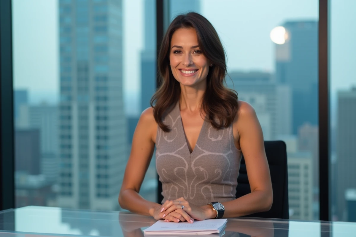 Animatrice de télévision assise au bureau de présentation avec silhouette raffinée