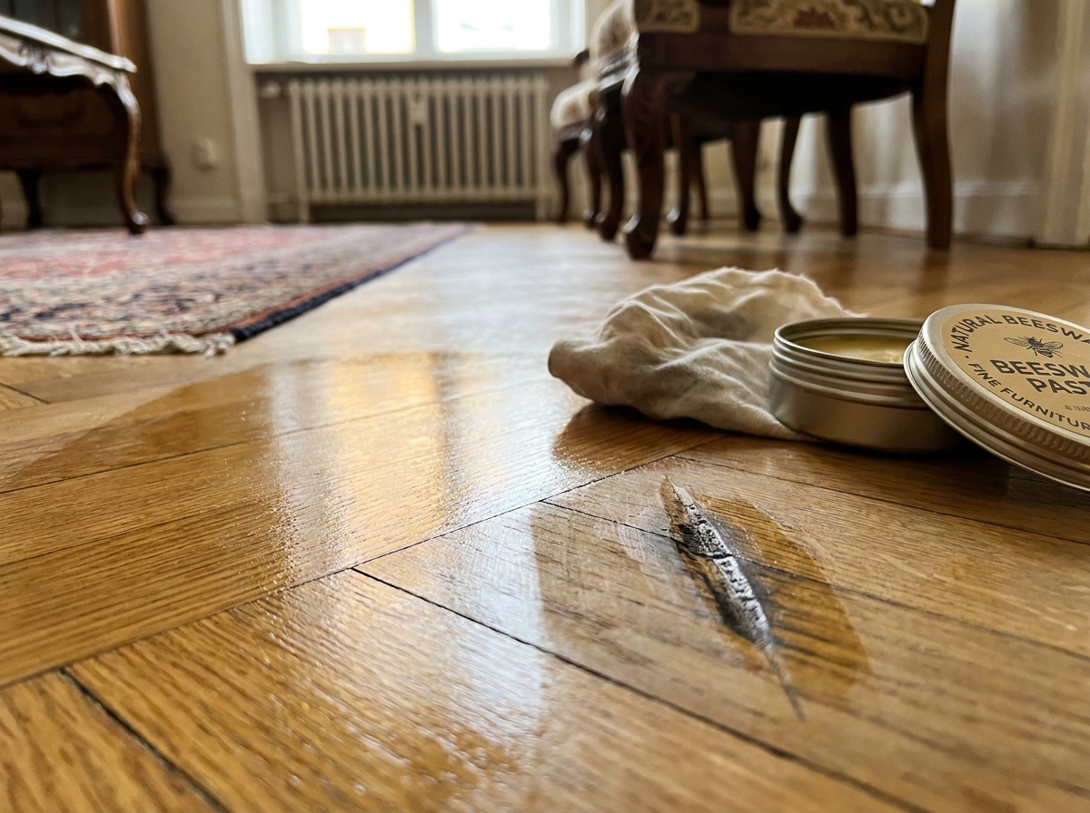 Gros plan sur un parquet en bois ciré montrant une marque profonde encore visible malgré l'application de cire