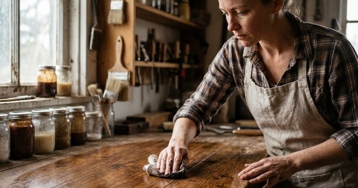 Femme appliquant de la cire sur une table en bois ancien avec des égratignures visibles sous la surface traitée