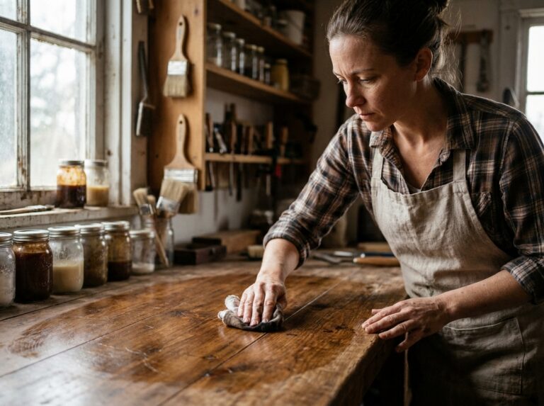 Femme appliquant de la cire sur une table en bois ancien avec des égratignures visibles sous la surface traitée