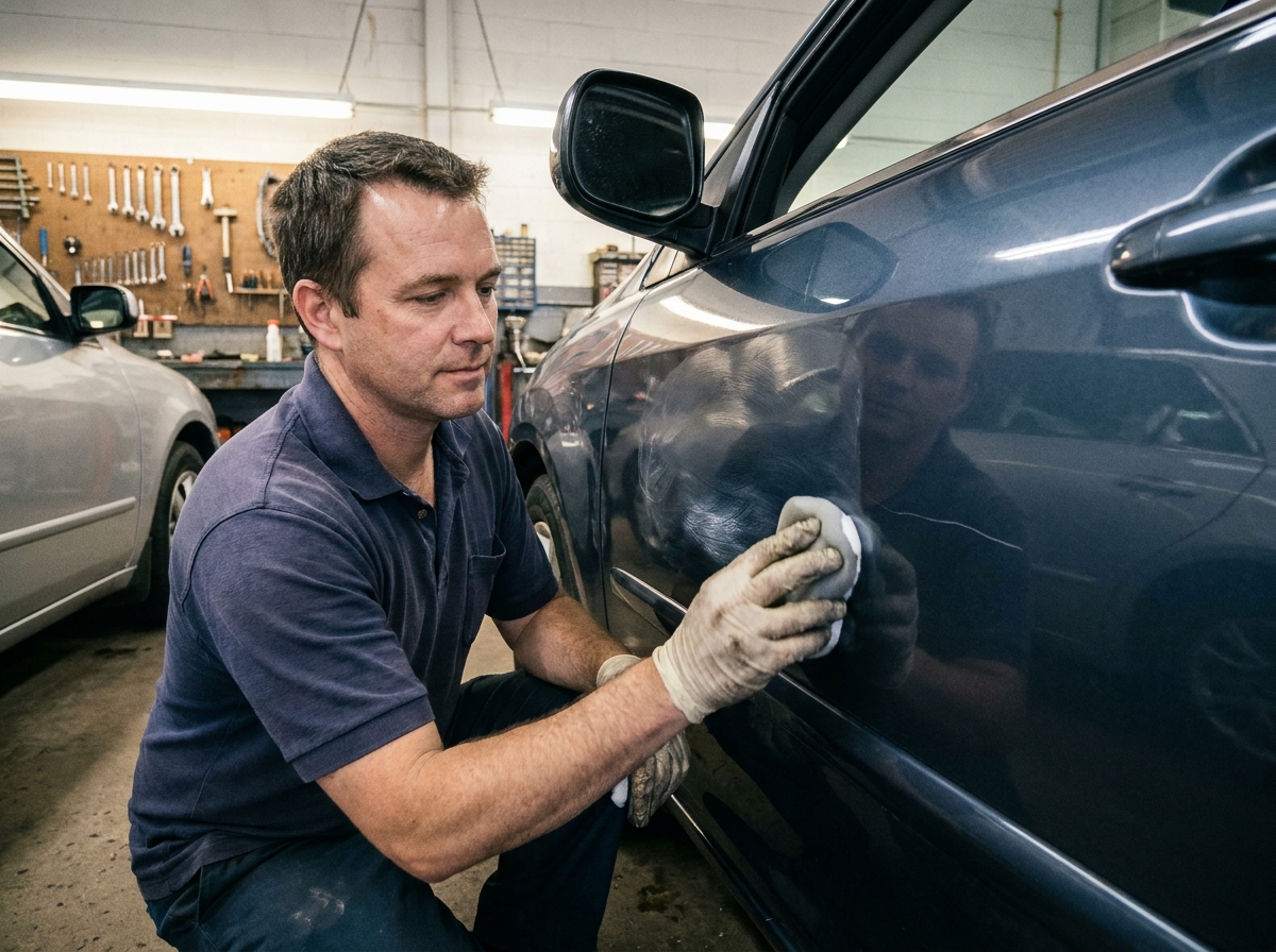 Homme appliquant de la cire sur une carrosserie de voiture avec des marques de tourbillon encore visibles sous le traitement