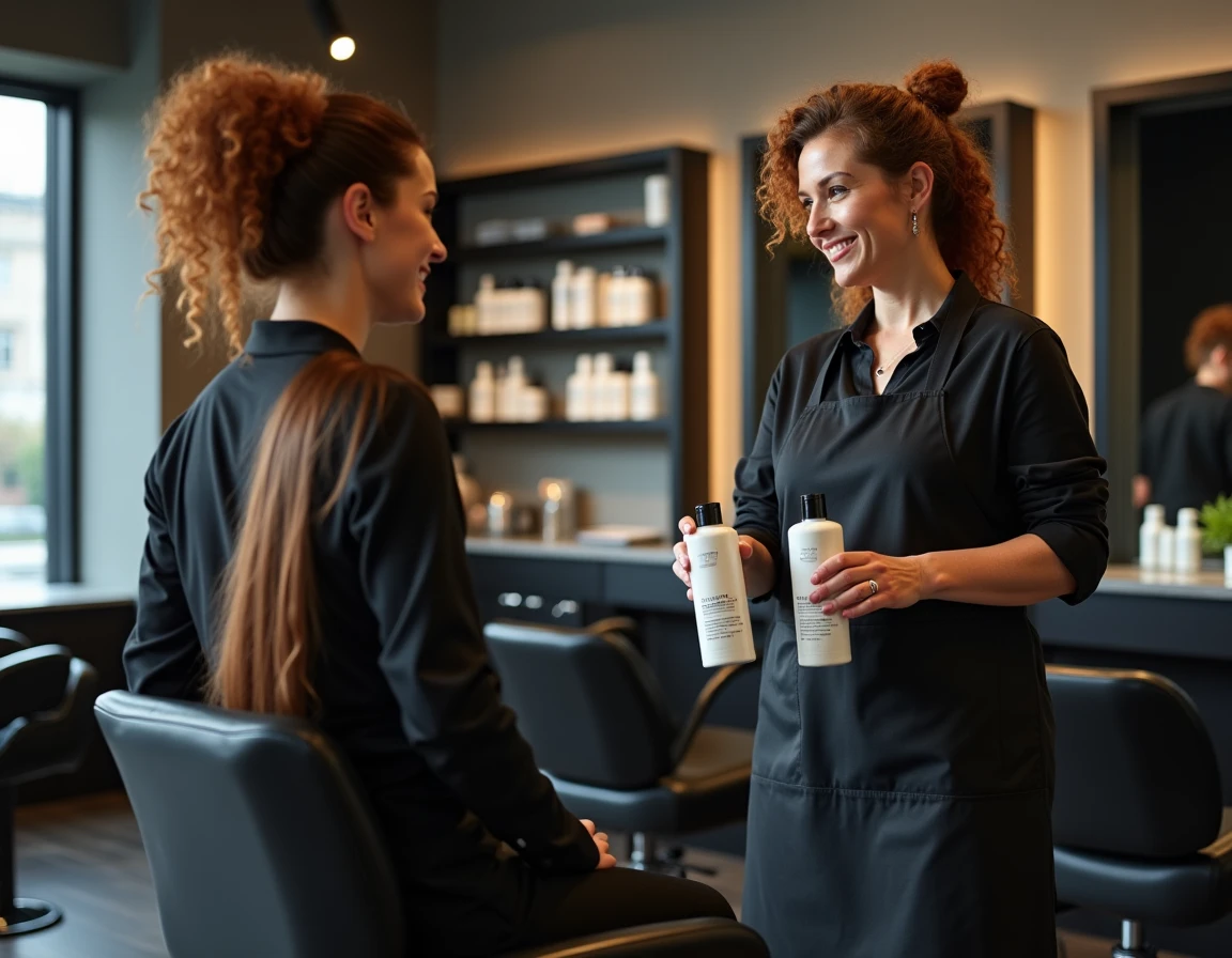 Coiffeuse professionnelle conseillant une cliente sur le shampoing adapté après un lissage brésilien en salon