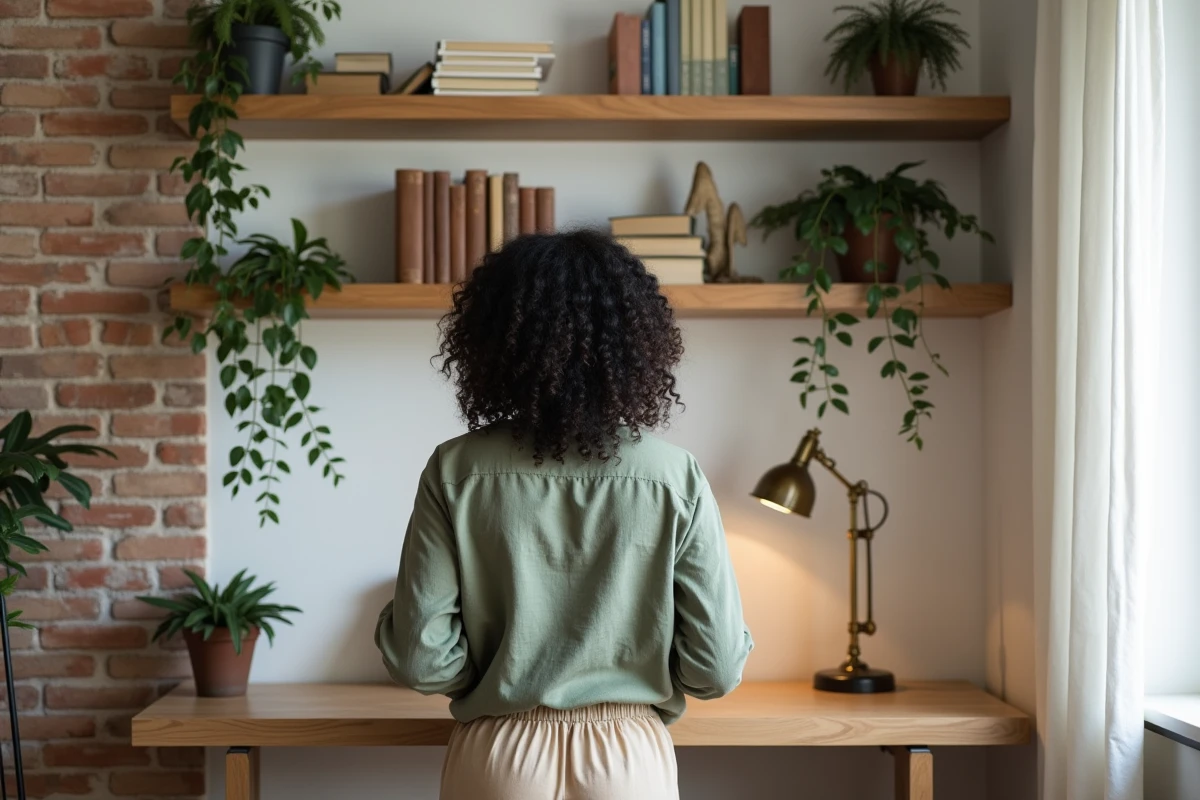 Femme aménageant un coin bureau à domicile avec étagères en chêne, plantes suspendantes et brique blanche dans un intérieur tendance