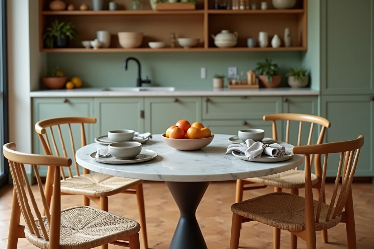Coin repas cuisine tendance avec table en marbre, chaises en rotin dépareillées et vaisselle artisanale dans une cuisine vert sauge