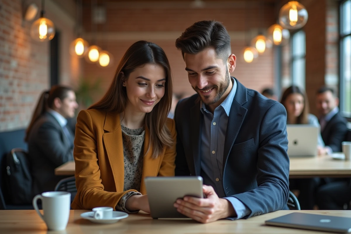 Deux collègues consultant une application de messagerie sécurisée sur tablette dans un espace de coworking, alternatives fiables à Dirvox