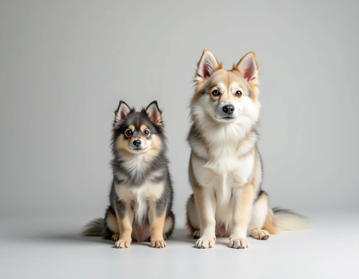 Comparaison de deux Pomsky adultes de tailles différentes illustrant la variabilité du poids selon les individus
