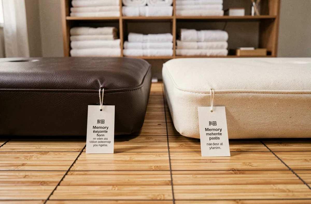 Comparaison de deux types de revêtements de table de massage, simili cuir espresso et mousse mémoire tissu, dans un studio bien-être