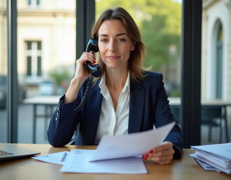 Femme en blazer bleu contactant sa mutuelle Pacifica par téléphone dans un bureau professionnel à Blois