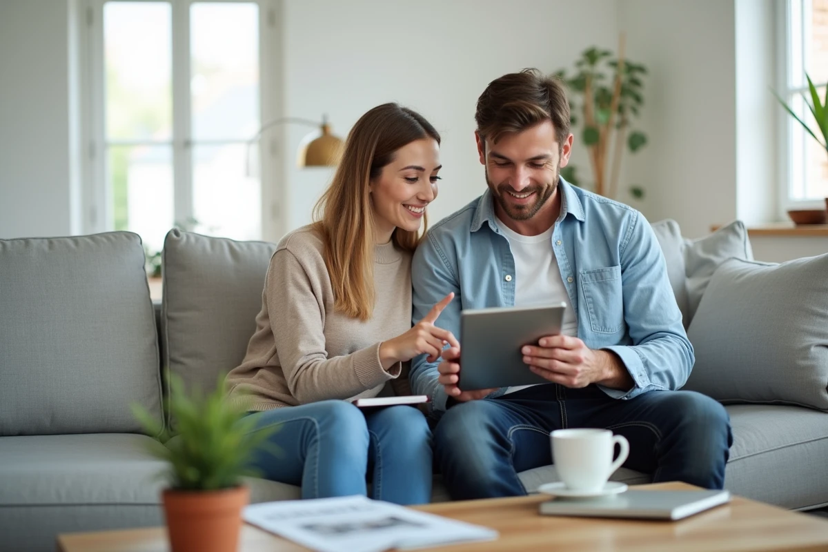 Couple recherchant un logement sur SeLoger et préparant un message pour contacter un particulier vendeur