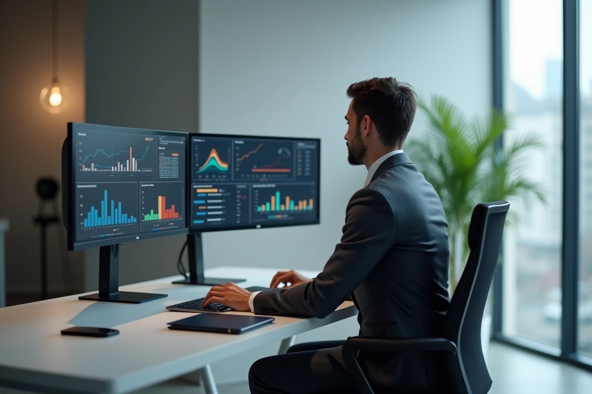 Dirigeant d'entreprise analysant des tableaux de bord de performance financière sur ses écrans dans un bureau moderne