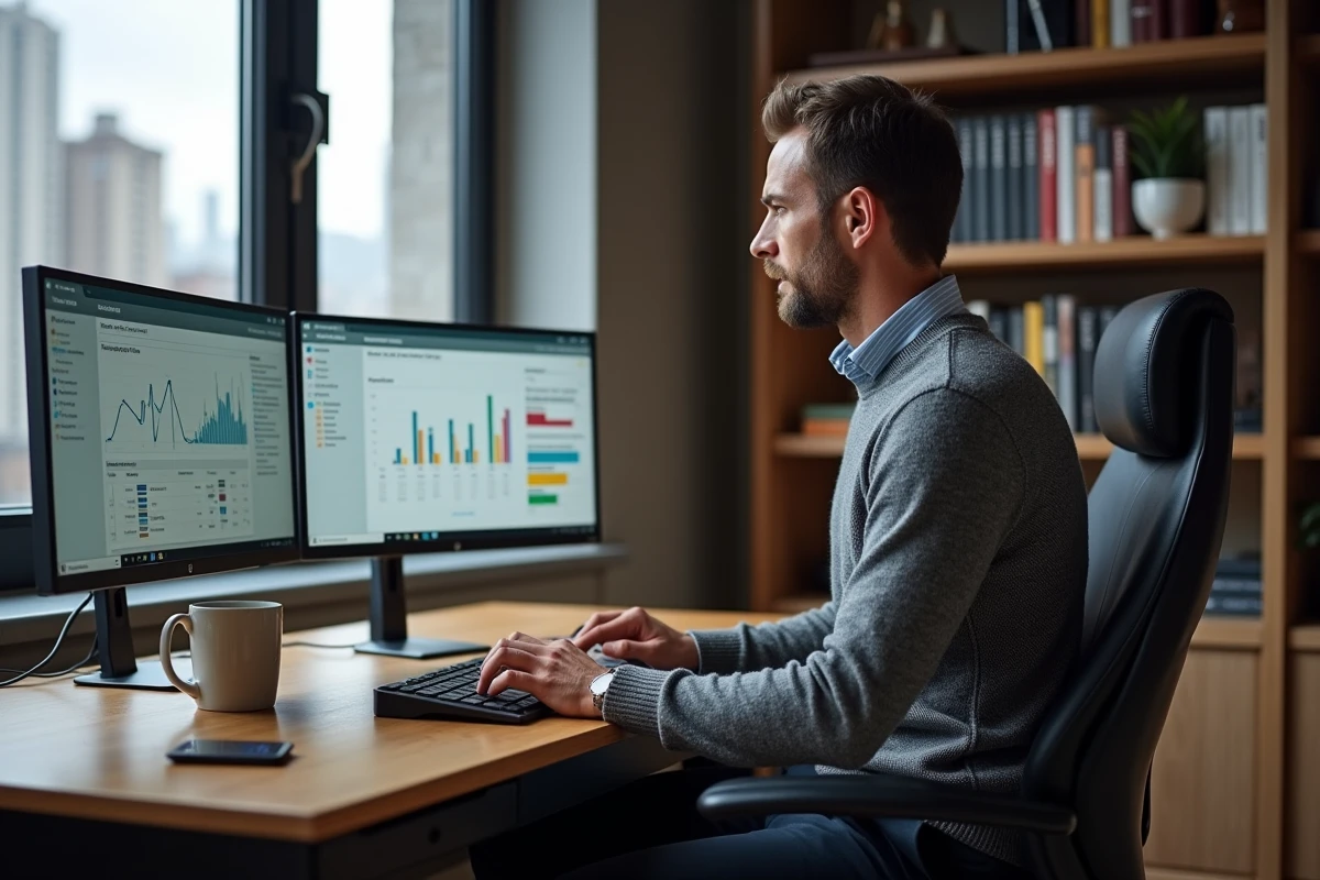 Entrepreneur concentré analysant des tableaux de bord marketing sur deux écrans dans un bureau à domicile
