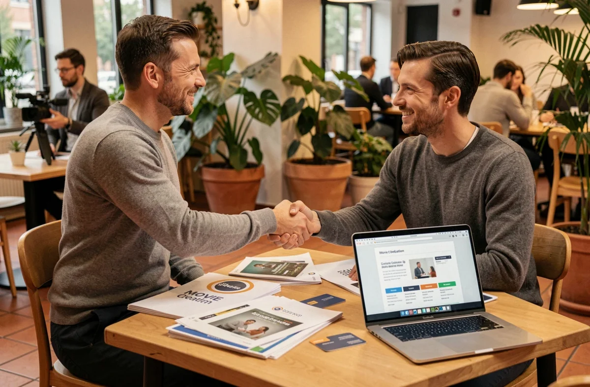Entrepreneur serrant la main d'un consultant en production vidéo lors d'une réunion business dans un espace de coworking