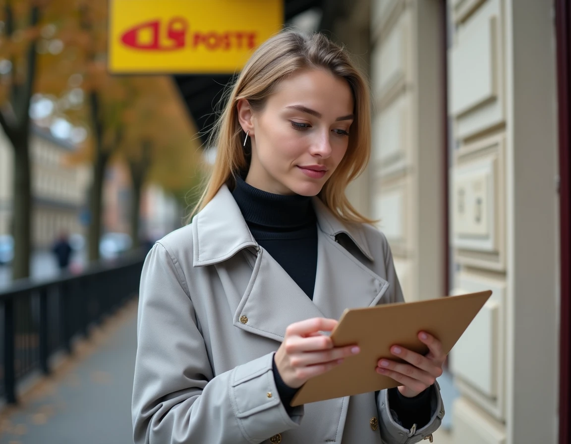 Jeune femme envoyant un courrier à la mutuelle Pacifica devant un bureau de poste dans le centre-ville de Blois