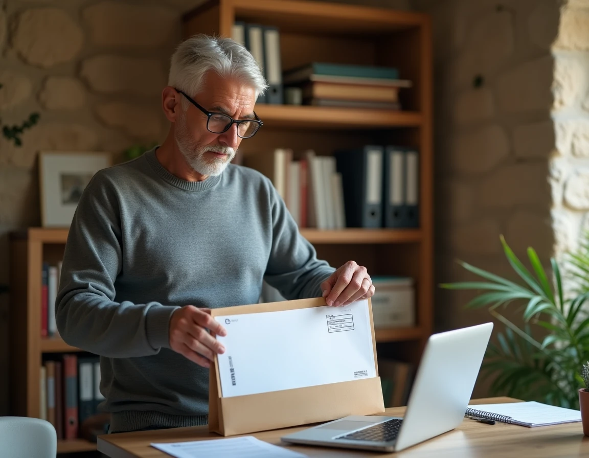 Homme préparant l'envoi de documents à la mutuelle Pacifica depuis son domicile à Blois