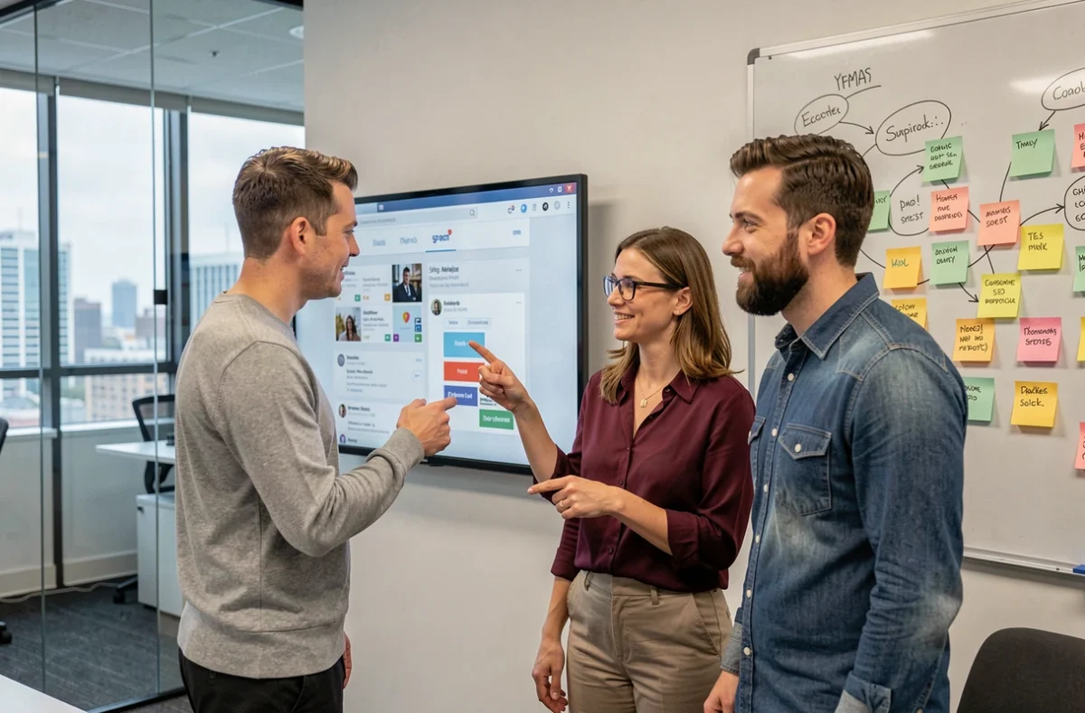 Équipe d'une agence de communication digitale collaborant sur une stratégie de visibilité en ligne pour une entreprise cliente