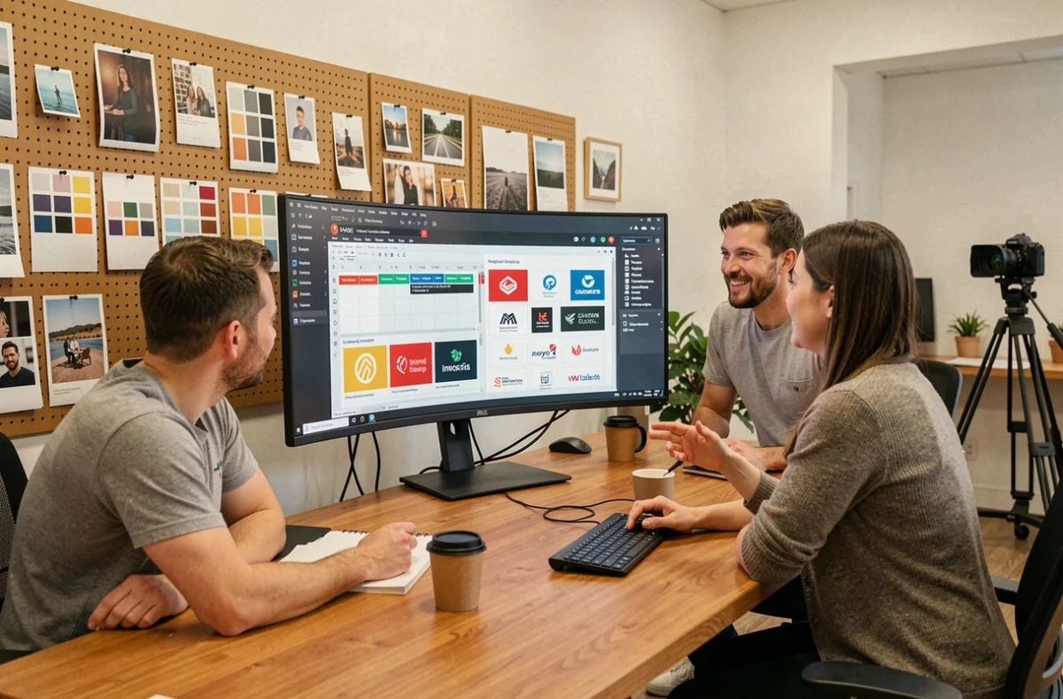 Équipe créative collaborant sur un projet de production vidéo et de stratégie de marque dans un studio moderne