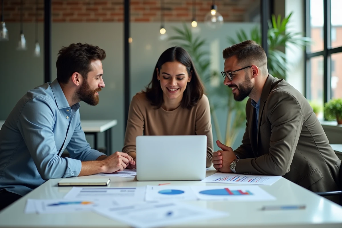 Équipe d'entrepreneurs analysant des rapports de stratégie marketing autour d'une table de réunion