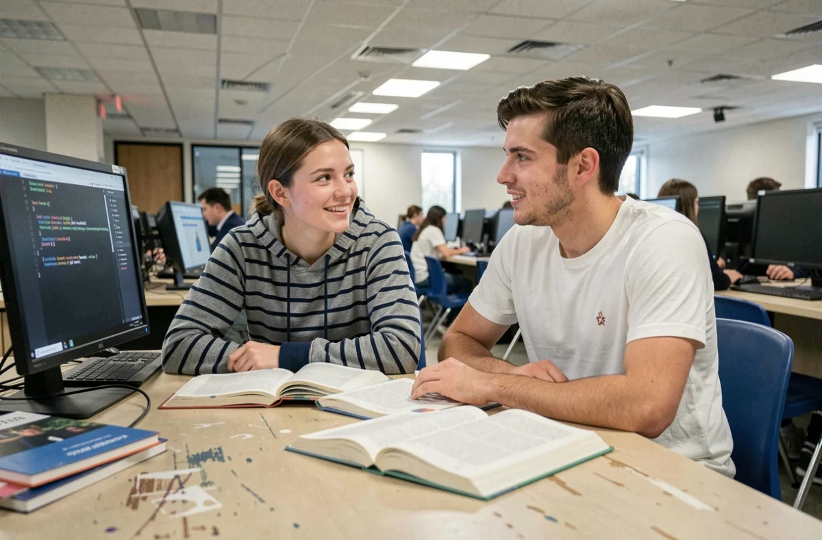 Deux étudiants apprenant l'informatique ensemble dans une salle de cours universitaire avec ordinateurs et manuels