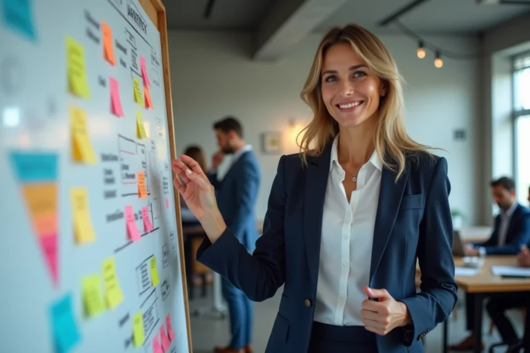 Experte en marketing expliquant une stratégie devant un tableau blanc dans un bureau moderne