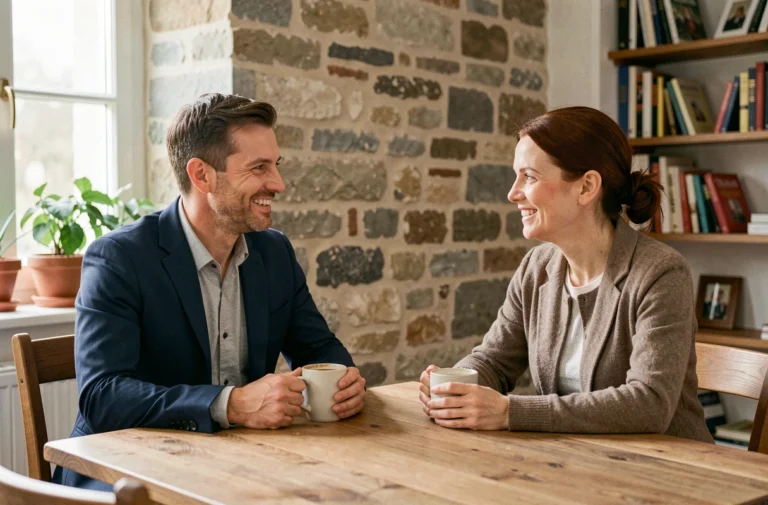 Couple dans un appartement français moderne partageant un moment de conversation authentique autour d'un café, ambiance familiale et intime