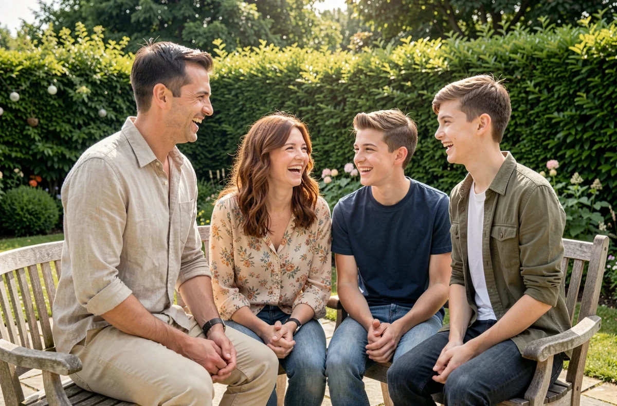 Portrait de famille réuni dans un jardin ensoleillé avec terrasse en pierre, ambiance chaleureuse et naturelle lors d'une réunion familiale en plein air