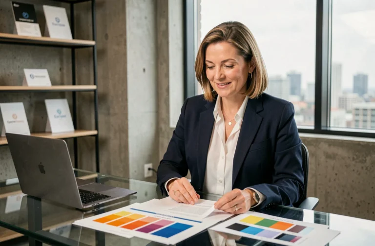 Femme d'affaires professionnelle examinant une proposition de services vidéo pour booster son entreprise dans un bureau moderne