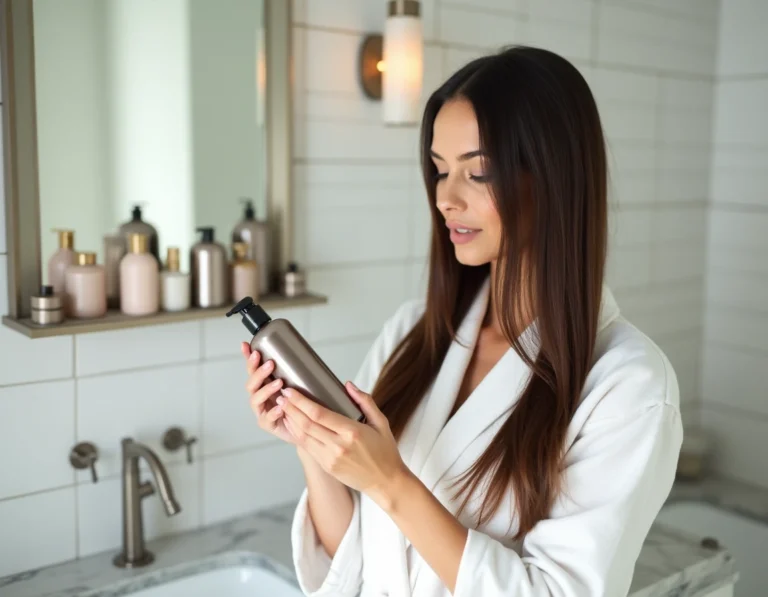 Femme aux cheveux lisses après lissage brésilien choisissant son shampoing dans une salle de bain moderne