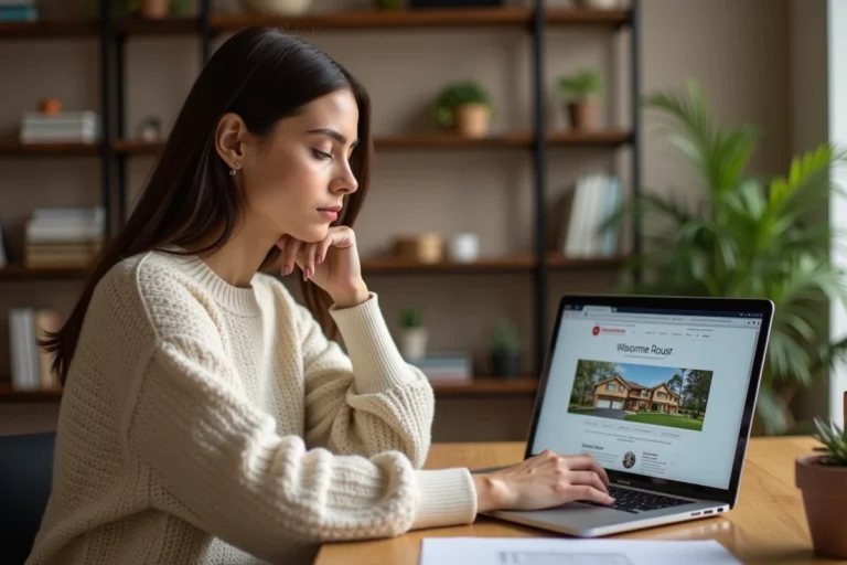 Femme consultant une annonce immobilière sur SeLoger depuis son bureau à domicile pour contacter un particulier