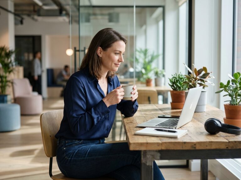 Femme concentrée dans un espace de coworking moderne