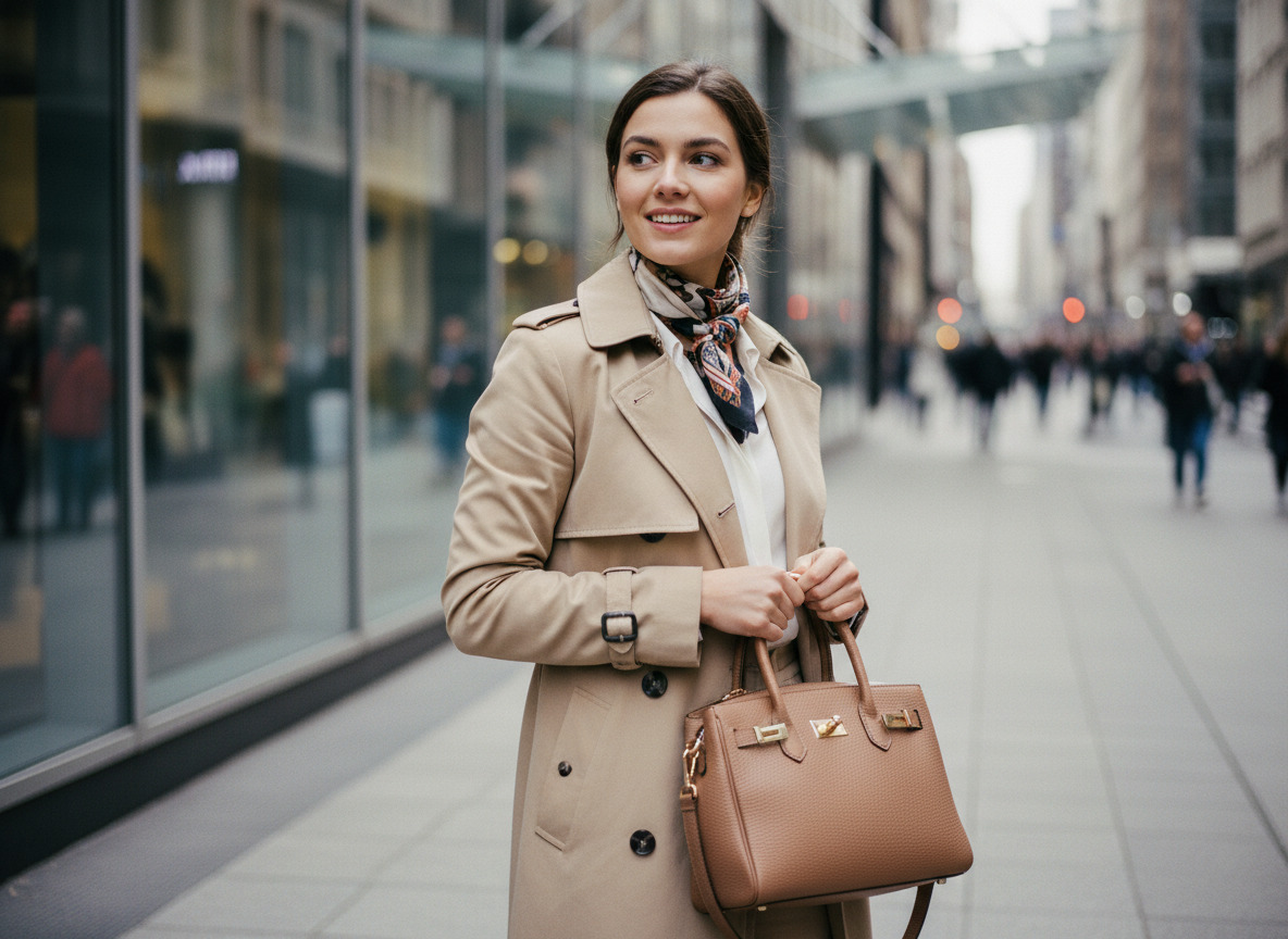 Femme élégante en trench beige et foulard coloré