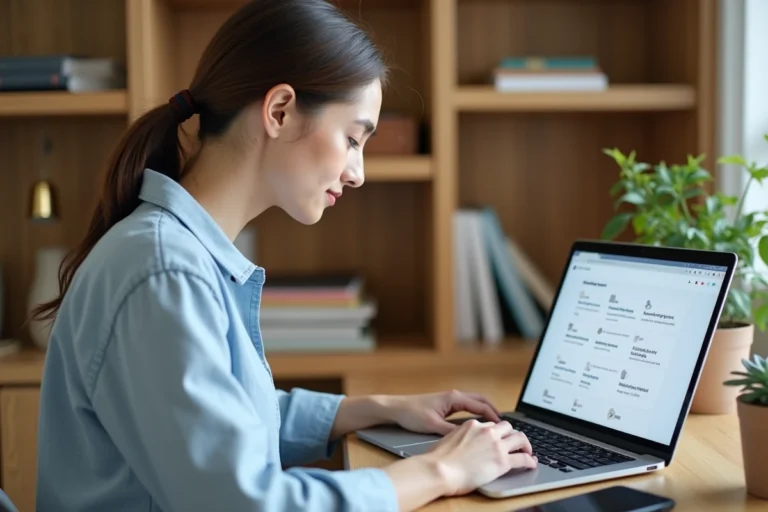 Femme naviguant sur un plan de site web depuis un bureau à domicile bien organisé