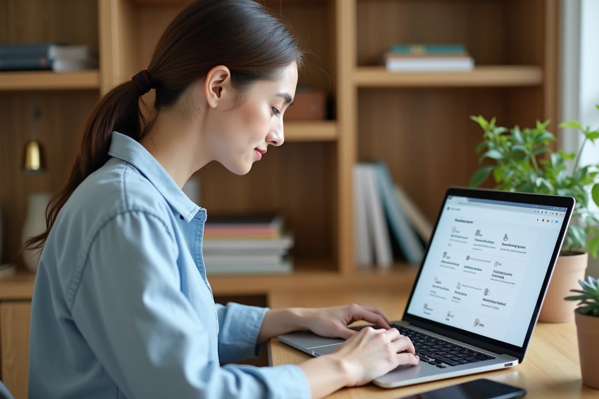 Femme naviguant sur un plan de site web depuis un bureau à domicile bien organisé