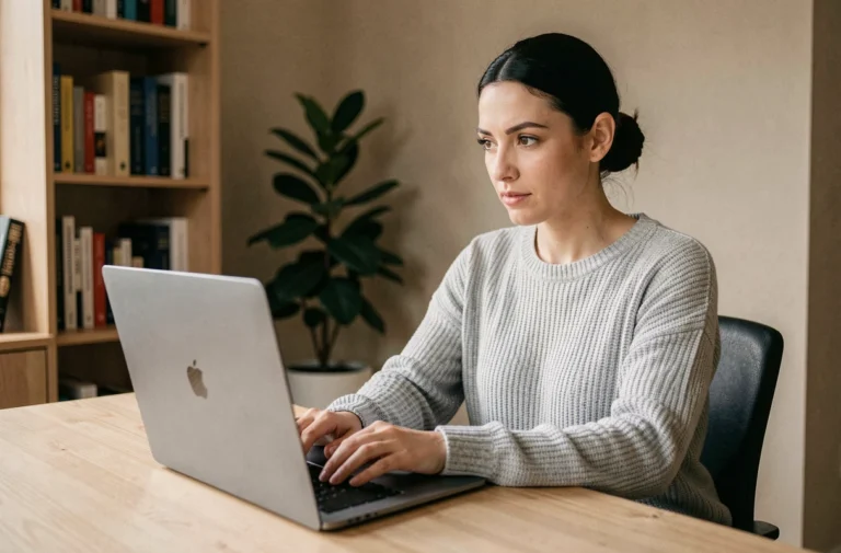 Femme utilisant un ordinateur portable dans un bureau à domicile, illustrant l'utilisation quotidienne de l'informatique