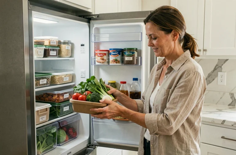 Femme organisant son réfrigérateur avec des contenants en verre et des légumes frais dans une cuisine moderne