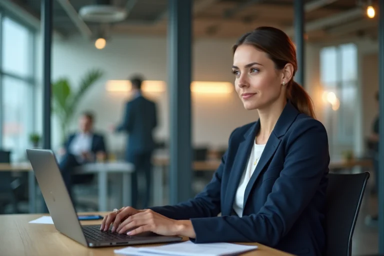 Femme professionnelle en réunion vidéo sécurisée sur ordinateur portable dans un bureau moderne, alternative fiable à Dirvox