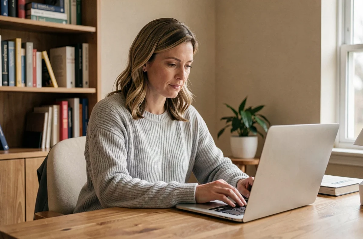Femme cherchant un professionnel de santé en ligne sur son ordinateur portable depuis son bureau à domicile