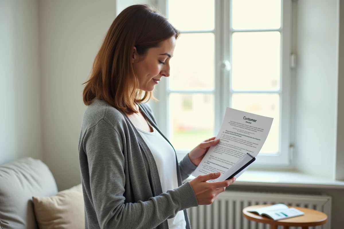 Femme consultant un document Damart tout en téléphonant au service client dans son salon