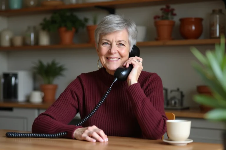 Femme senior contactant le service client Damart par téléphone fixe depuis son domicile