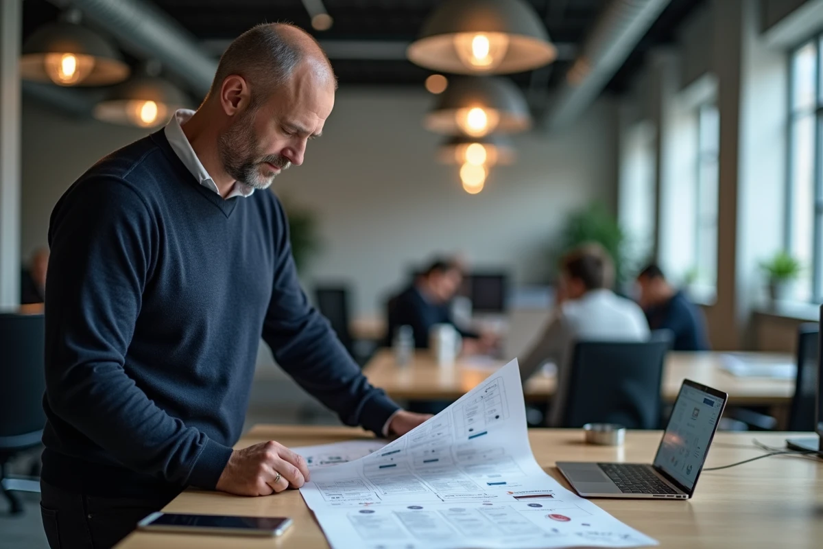 Homme analysant l'architecture d'un plan de site web dans un bureau moderne