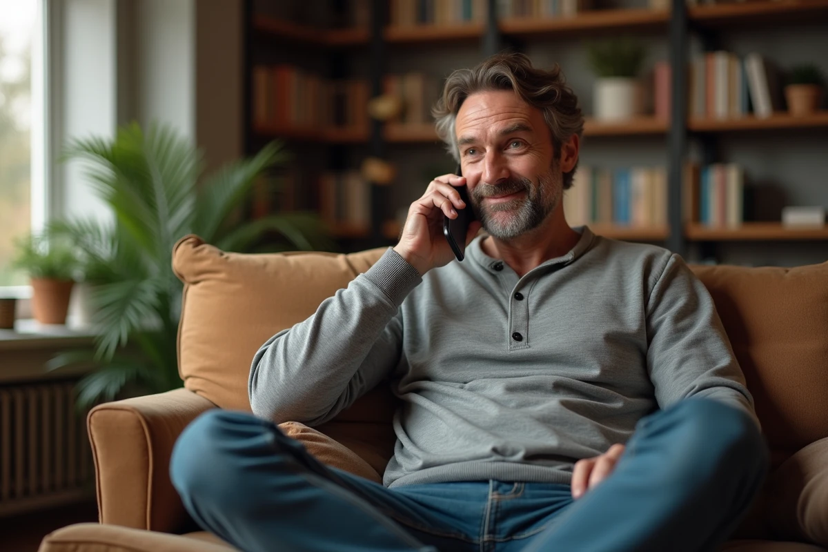 Homme utilisant un téléphone sécurisé à domicile, solution alternative de communication privée et chiffrée