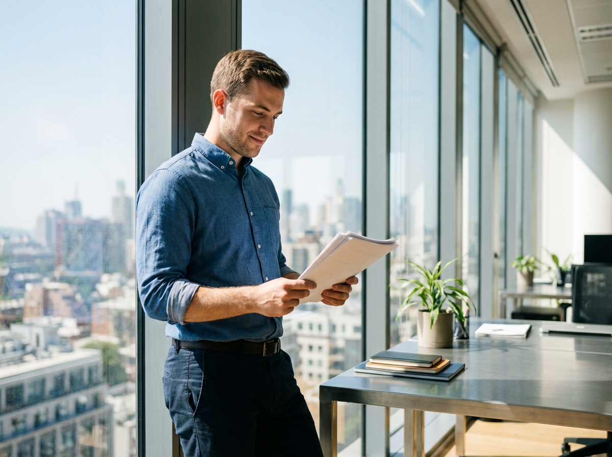 Homme d affaires vérifiant des papiers dans un bureau lumineux