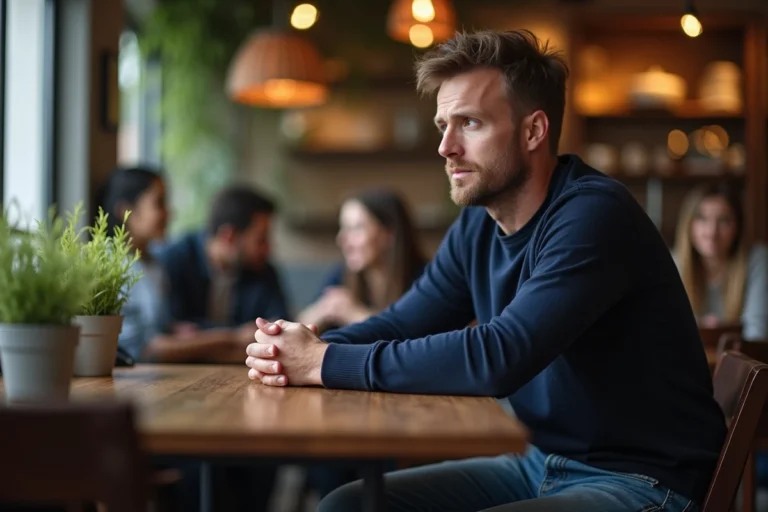 Homme pensif au café avec femme riant entre amis