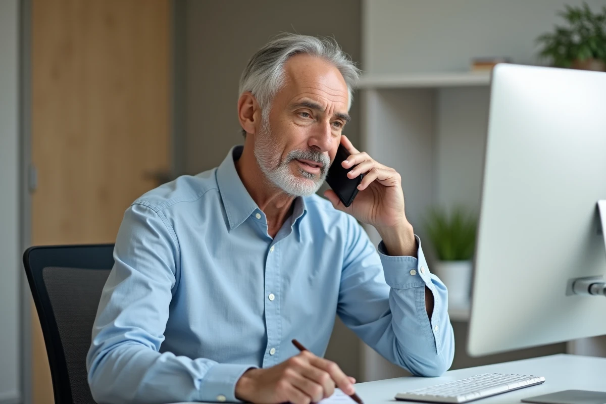 Homme senior appelant le service client par smartphone depuis un bureau à domicile