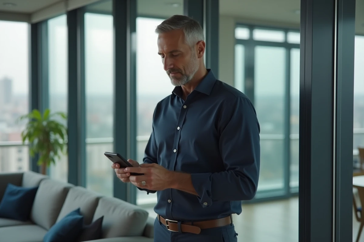 Homme consultant un message de particulier sur son smartphone dans un appartement moderne lors d'une recherche immobilière