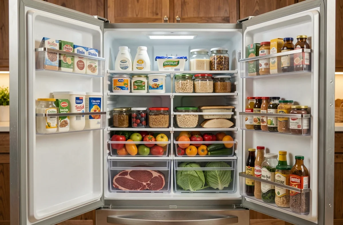 Intérieur d'un réfrigérateur bien organisé avec des aliments rangés par catégorie sur chaque étagère