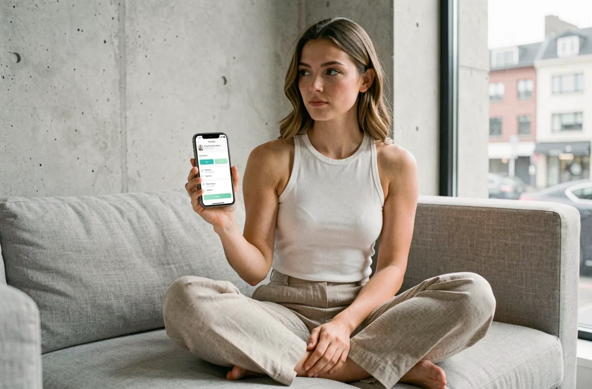 Jeune femme évaluant des avis sur une application de santé en ligne depuis son salon moderne