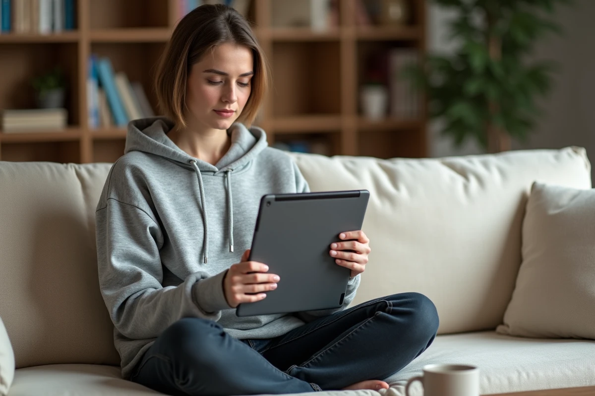 Jeune femme explorant un plan de site web sur tablette dans un salon confortable