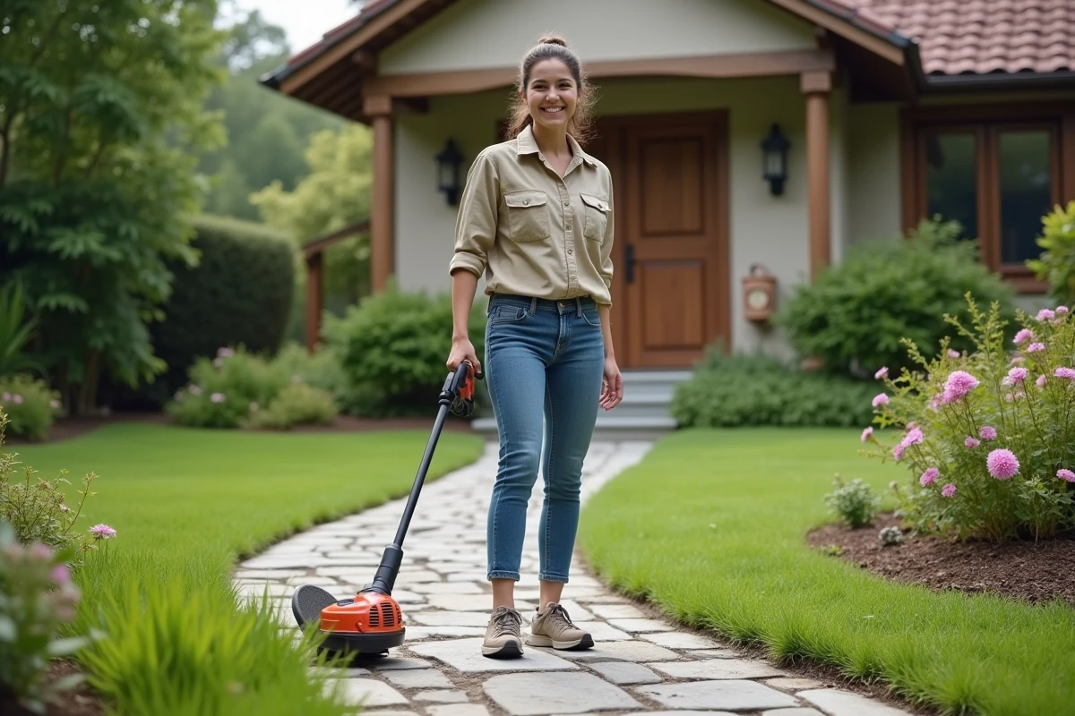 Jeune femme utilisant une coupe-boseur dans le jardin