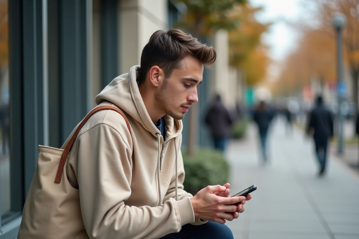 Jeune demandeur d'emploi téléchargeant son attestation Pôle Emploi sur smartphone devant une agence pour avoir accès au tarif musée réduit